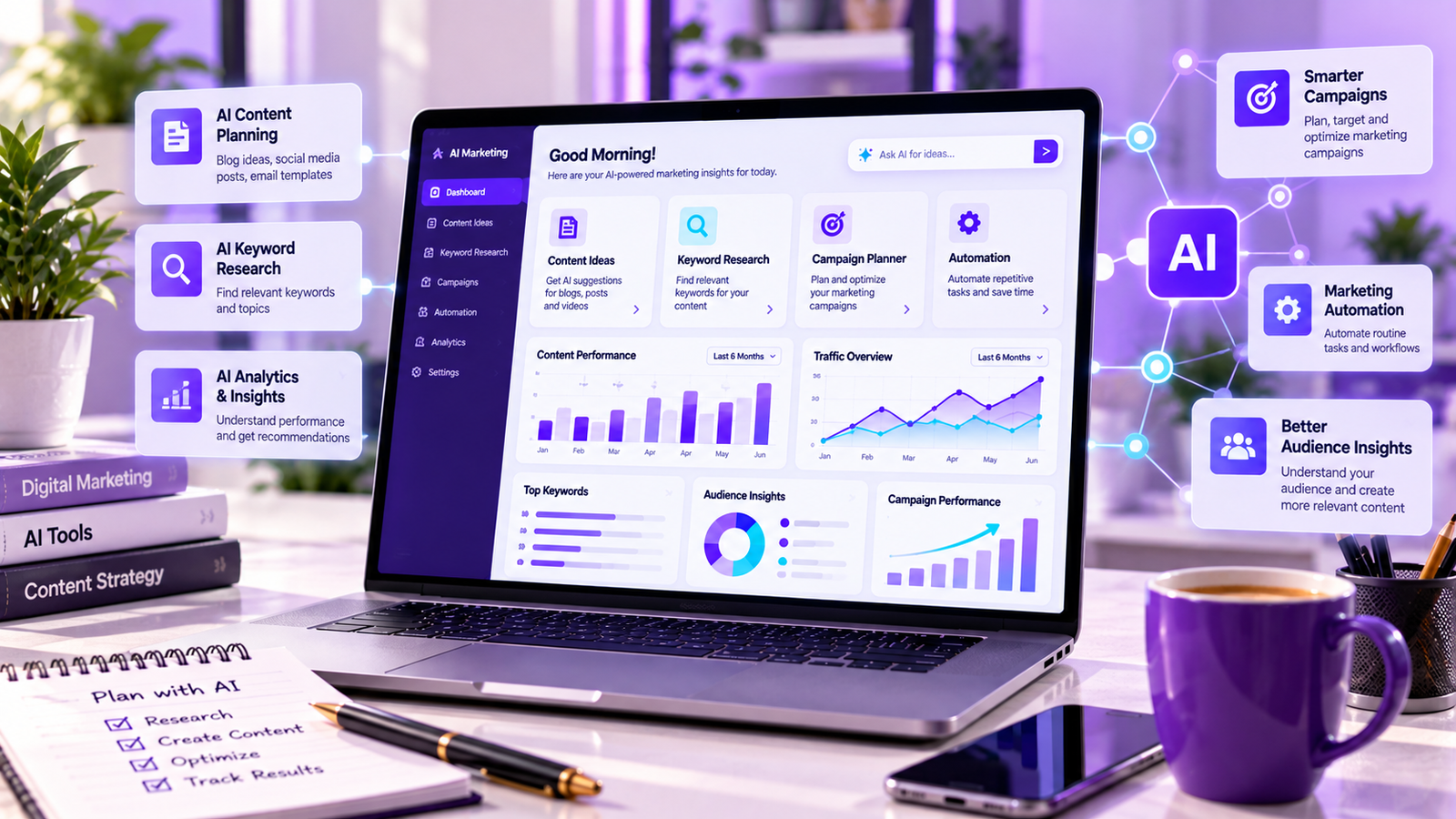What is digital marketing guide for beginners featuring a laptop with marketing analytics and online marketing tools
