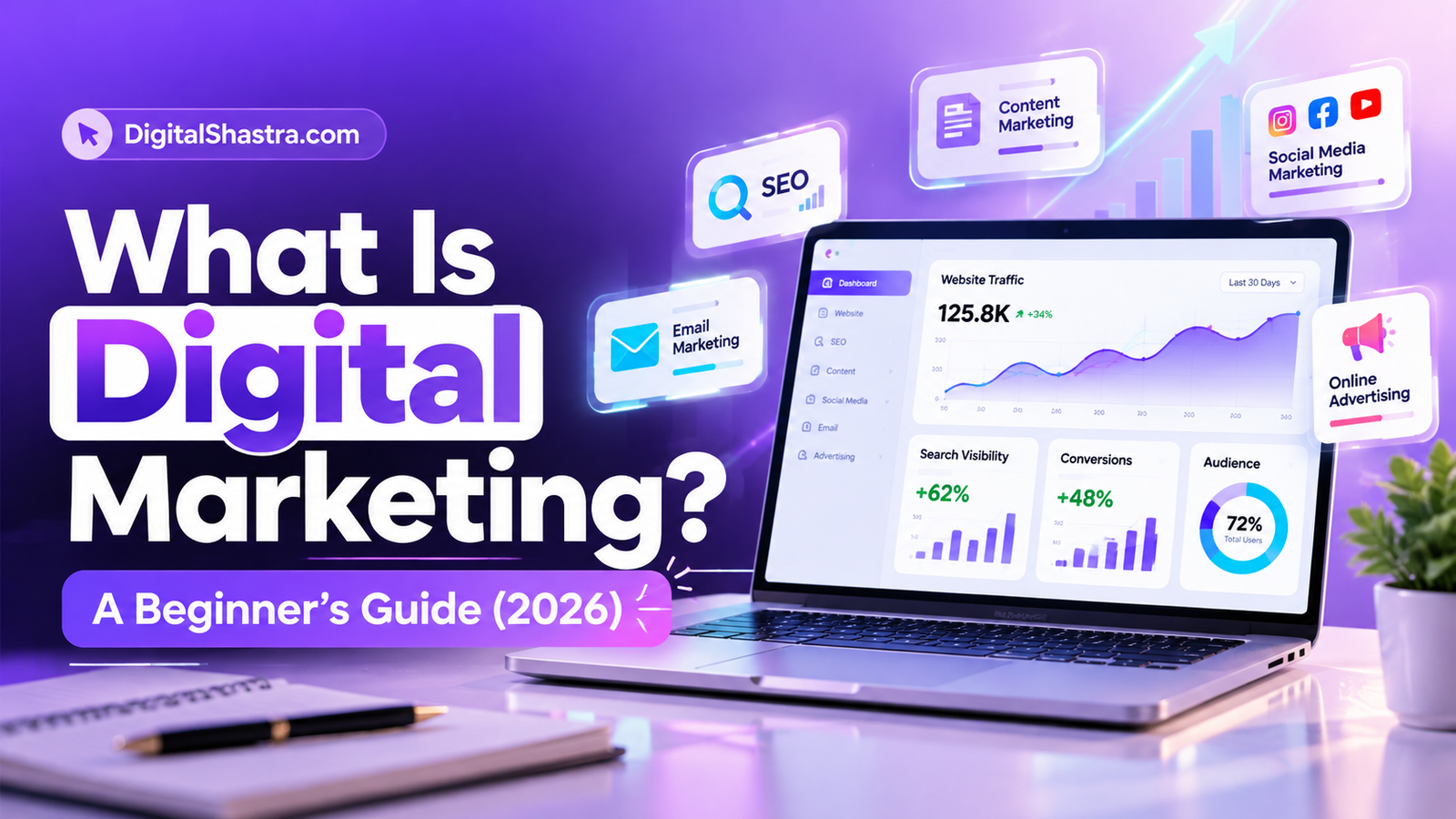 What is digital marketing guide for beginners featuring a laptop with marketing analytics and online marketing tools