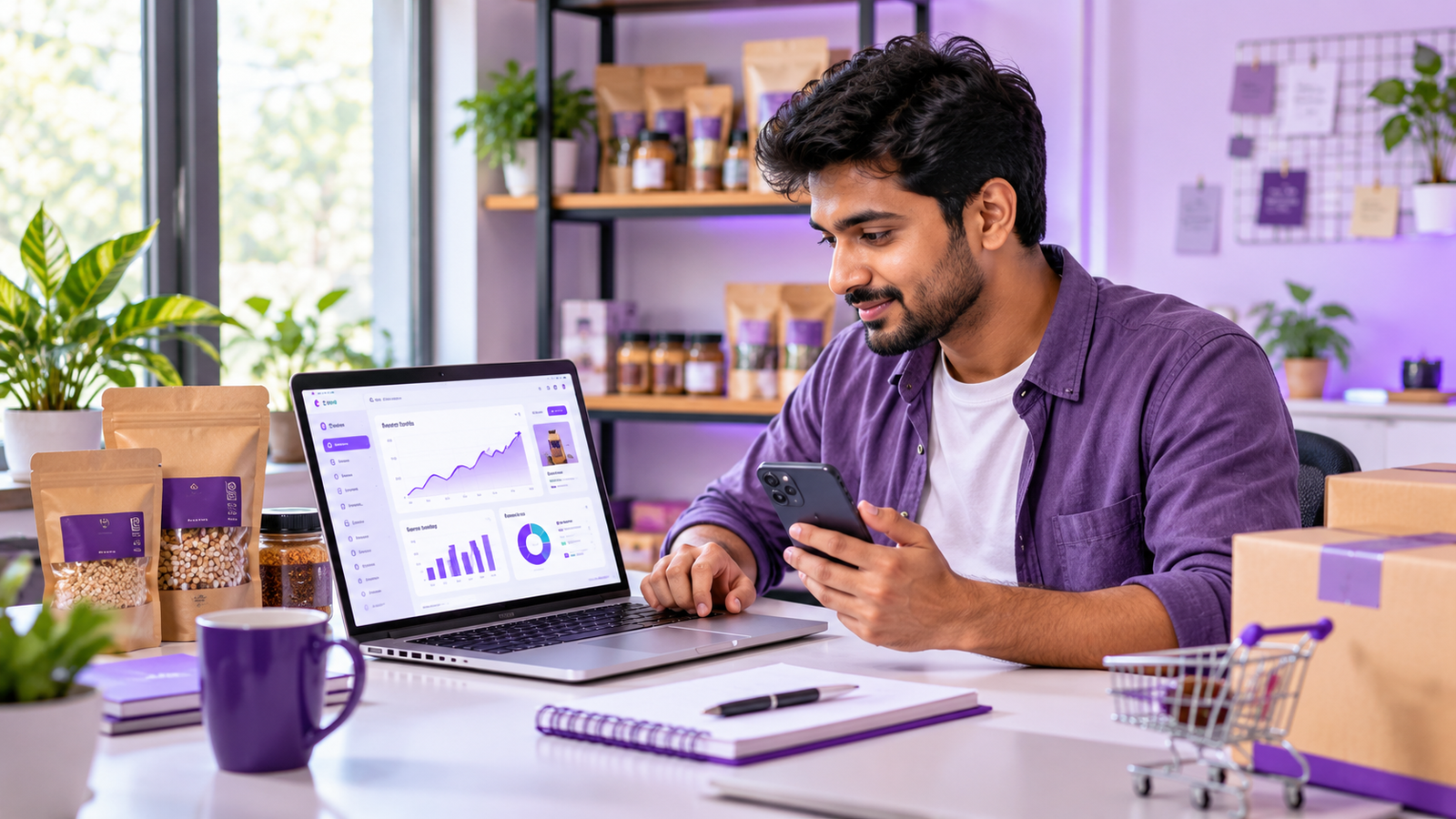 What is digital marketing guide for beginners featuring a laptop with marketing analytics and online marketing tools