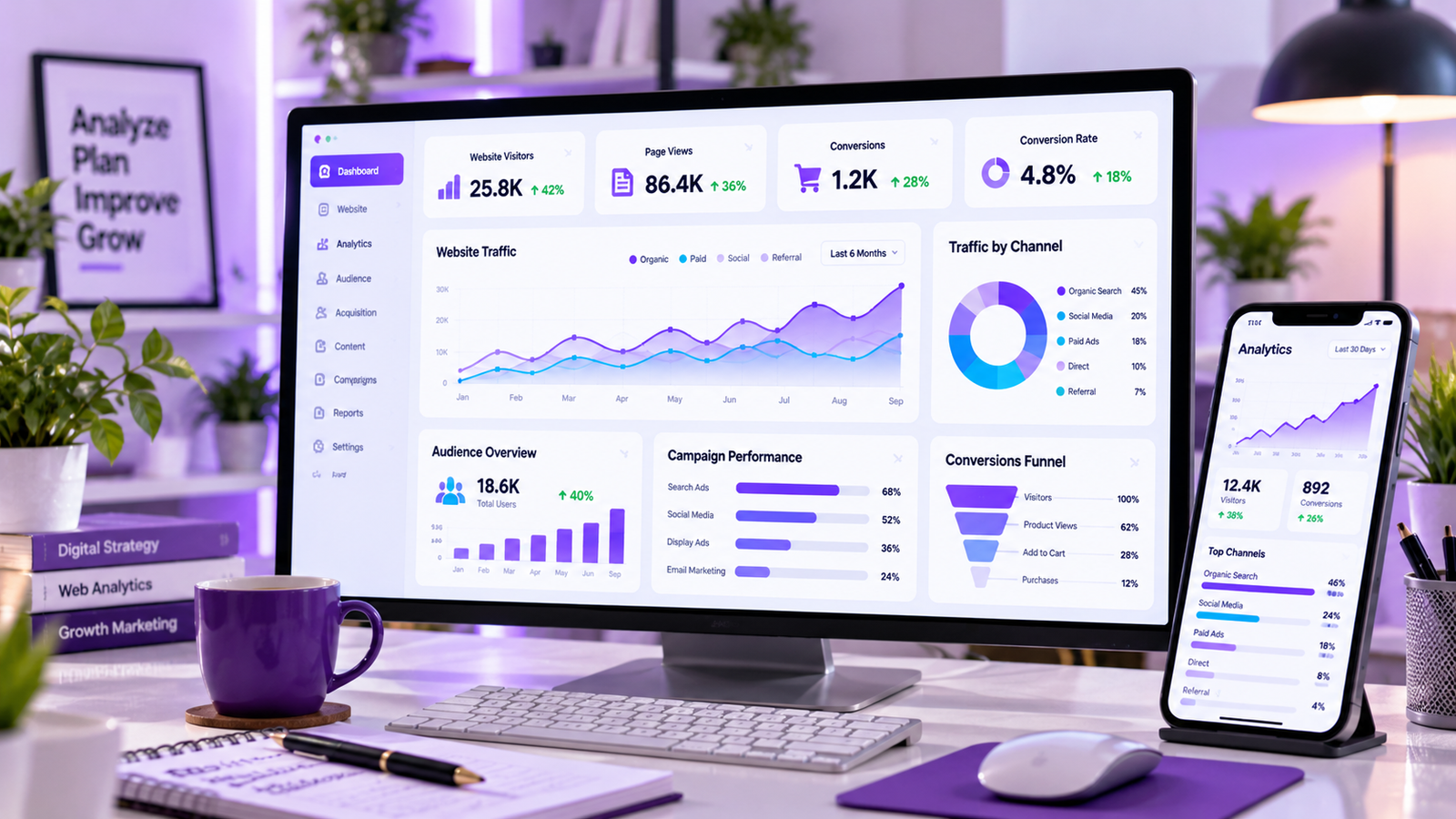 What is digital marketing guide for beginners featuring a laptop with marketing analytics and online marketing tools