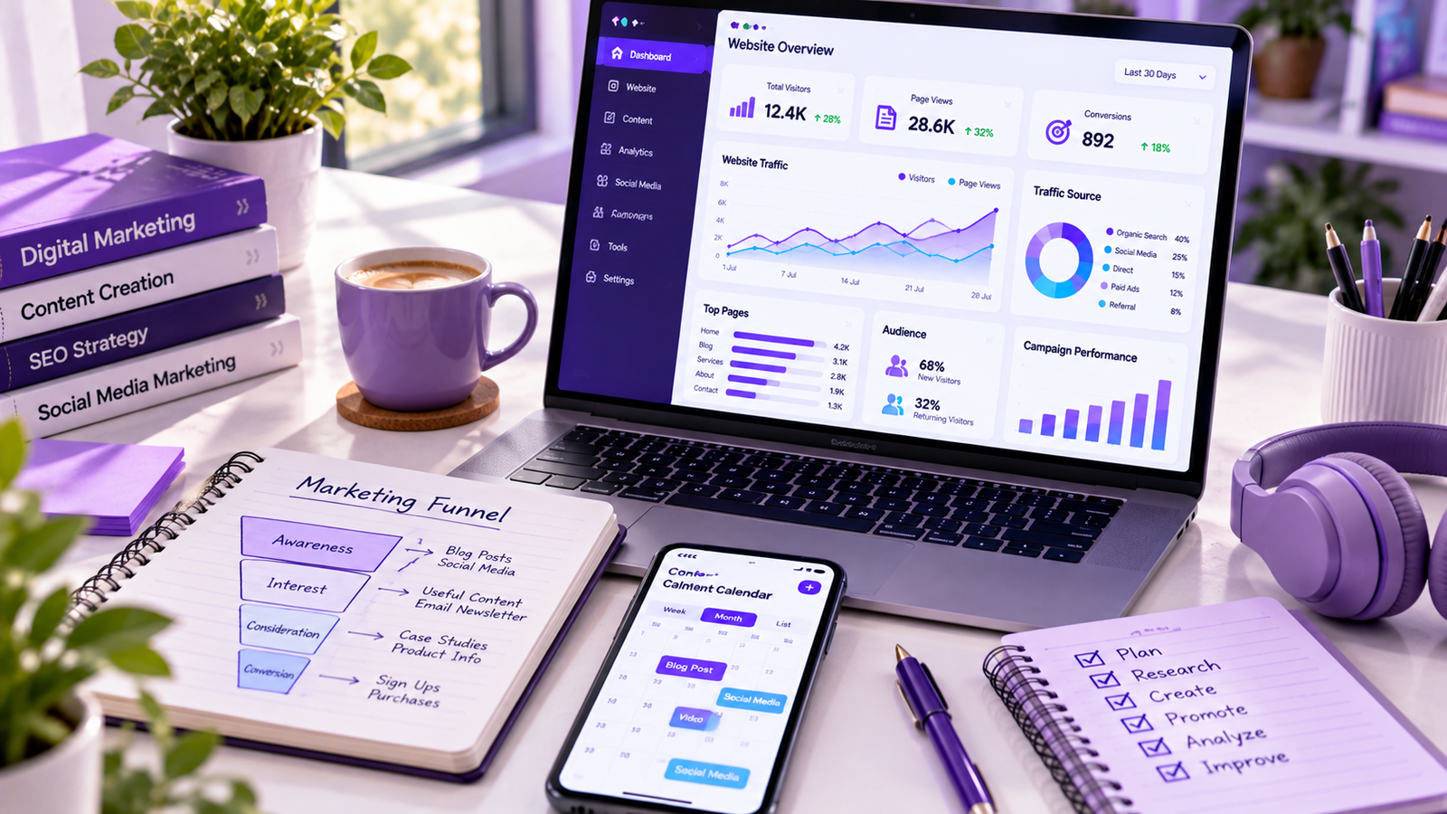 What is digital marketing guide for beginners featuring a laptop with marketing analytics and online marketing tools